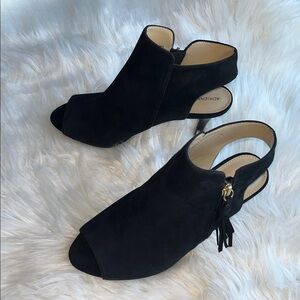 🆕Adrienne Vittadini Womens Black Peep Toe Slingback Ankle Booties Tassel Sz 7.5